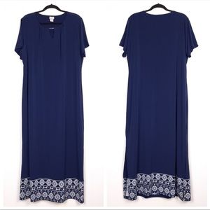 Chico's short sleeve medallion print stretch maxi shift dress navy blue coastal